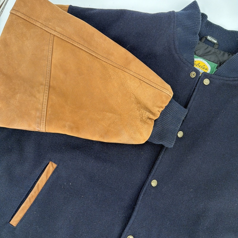 Cabela's Jacket Mens 2XL Blue Wool Leather Varsity Snap Outdoor Canada Hunting